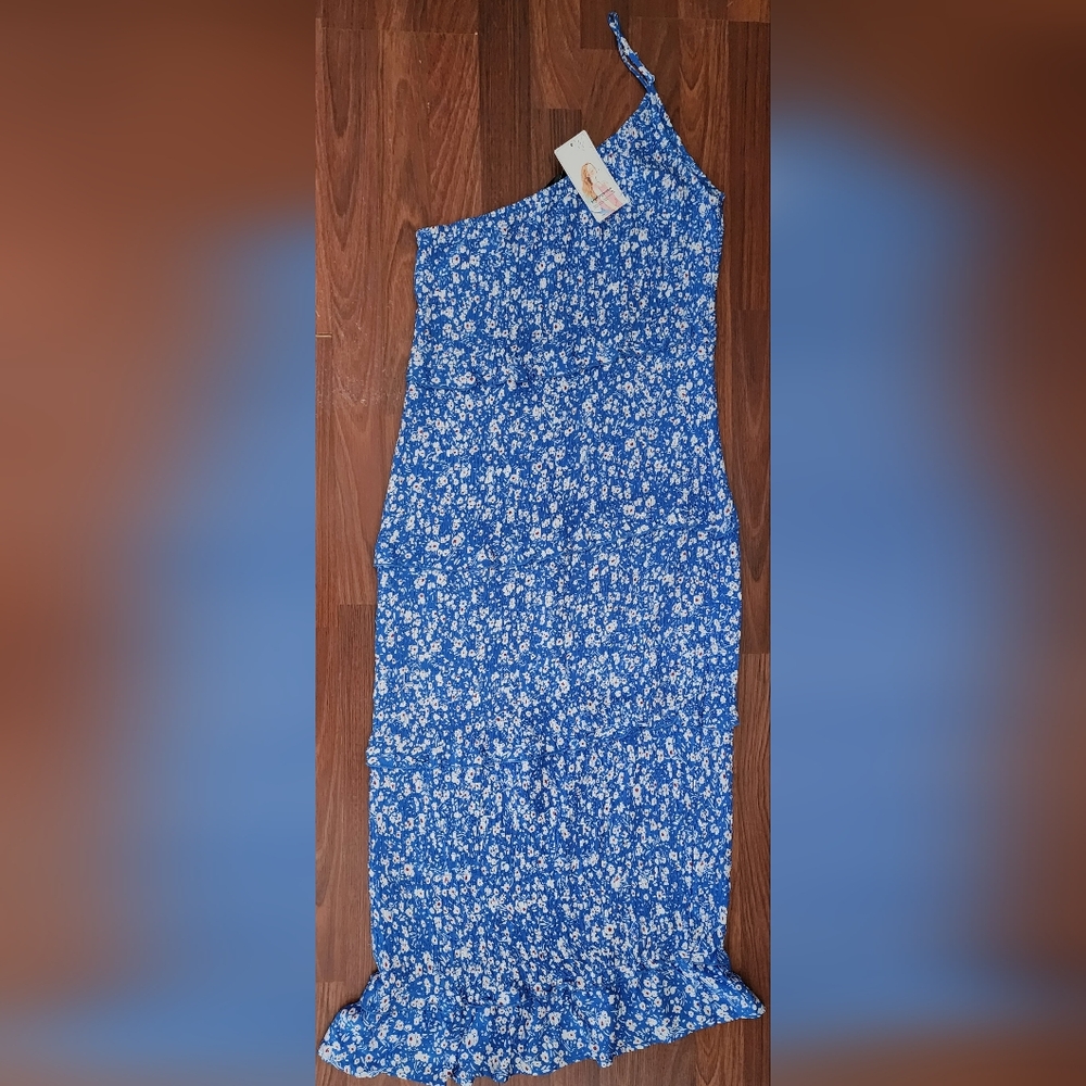 Prettygarden Blue Ditsy Floral Smock One Shoulder Dress‎ XL Stretchy